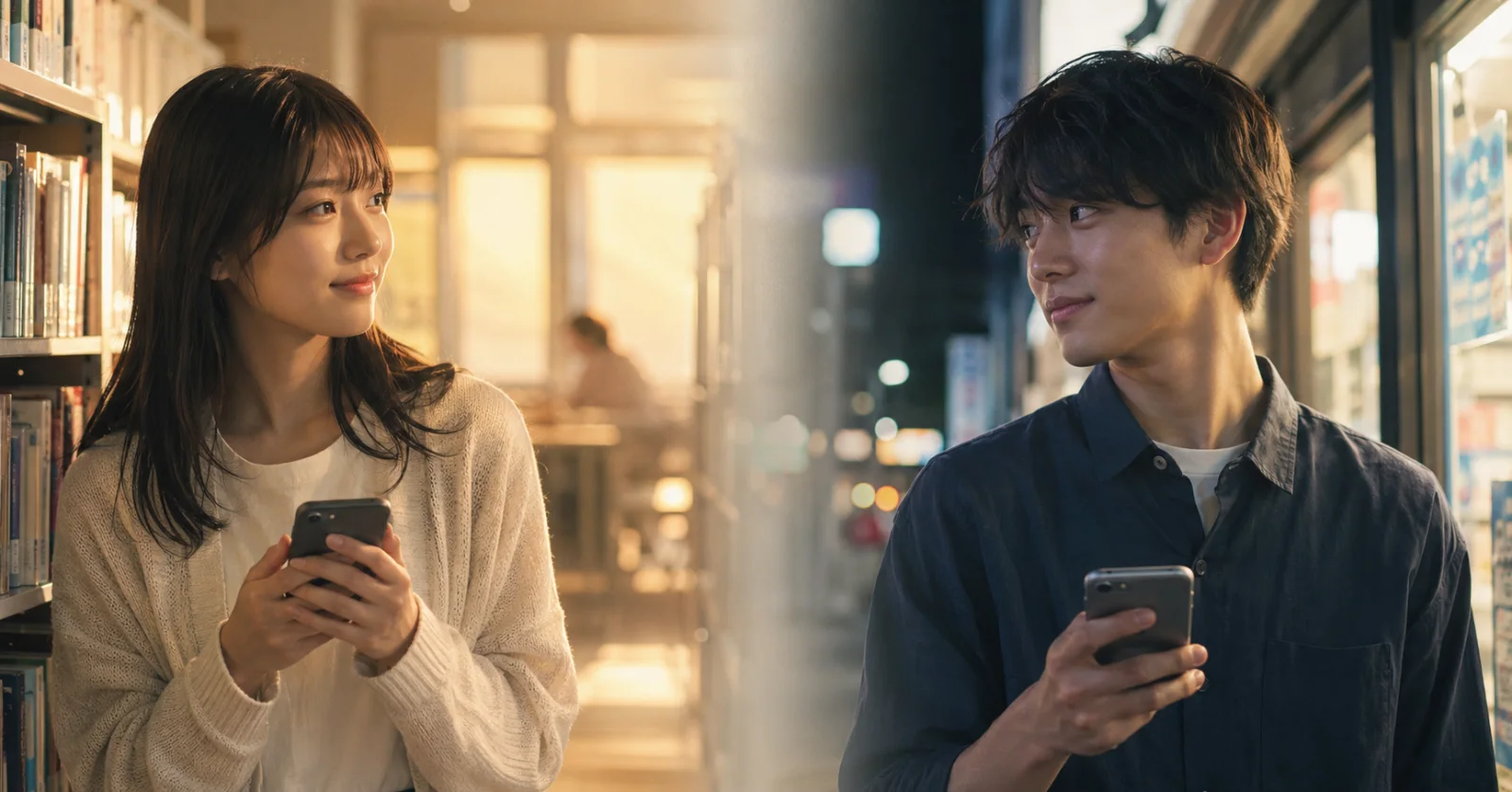 Promotional image of a woman and a man holding smartphones and looking at each other at night