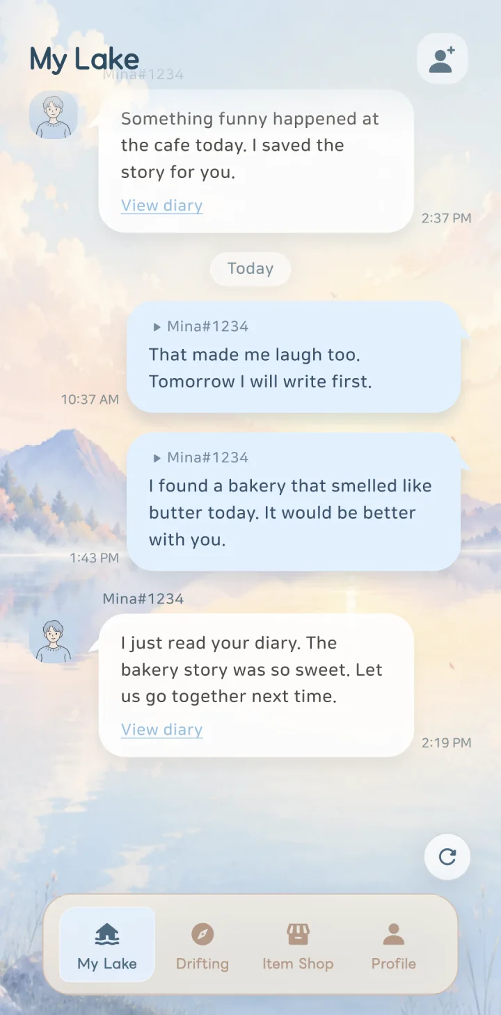 PLOPI My Lake screen showing diary replies and a shared conversation